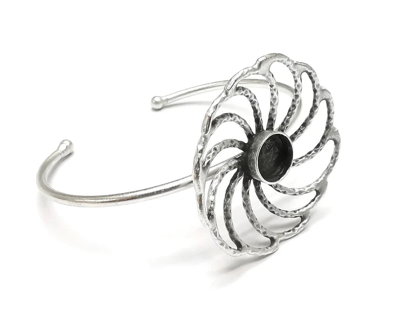 Flower Bracelet Brass Cuff Blank Bezel Glass Cabochon Base Adjustable Antique Silver Plated Brass (10mm blank) G27099