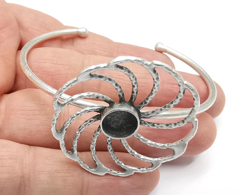 Flower Bracelet Brass Cuff Blank Bezel Glass Cabochon Base Adjustable Antique Silver Plated Brass (10mm blank) G27099