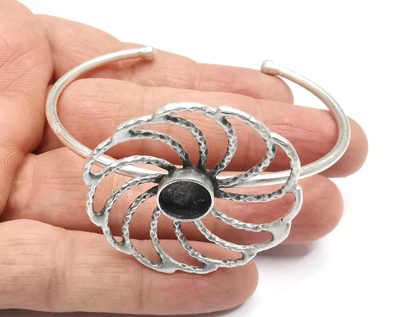 Flower Bracelet Brass Cuff Blank Bezel Glass Cabochon Base Adjustable Antique Silver Plated Brass (10mm blank) G27099