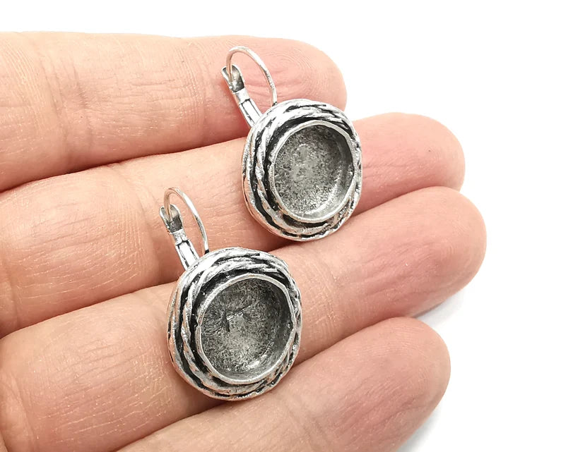 Ethnic Circle Earring Blank Base Settings Silver Resin Cabochon Inlay Blank Mountings Antique Silver Plated Brass (13mm blank) 1 Set G27103