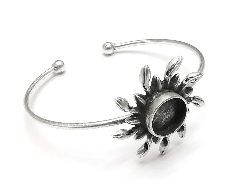 Sun Silver Bracelet Blank Resin Cuff Dry Bezel Cabochon Base Adjustable Antique Silver Plated Brass (12mm Blanks) G27104
