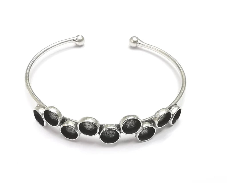 Round Silver Bracelet Blank Resin Cuff Dry Bezel Cabochon Base Adjustable Antique Silver Plated Brass (6mm Blanks) G27107