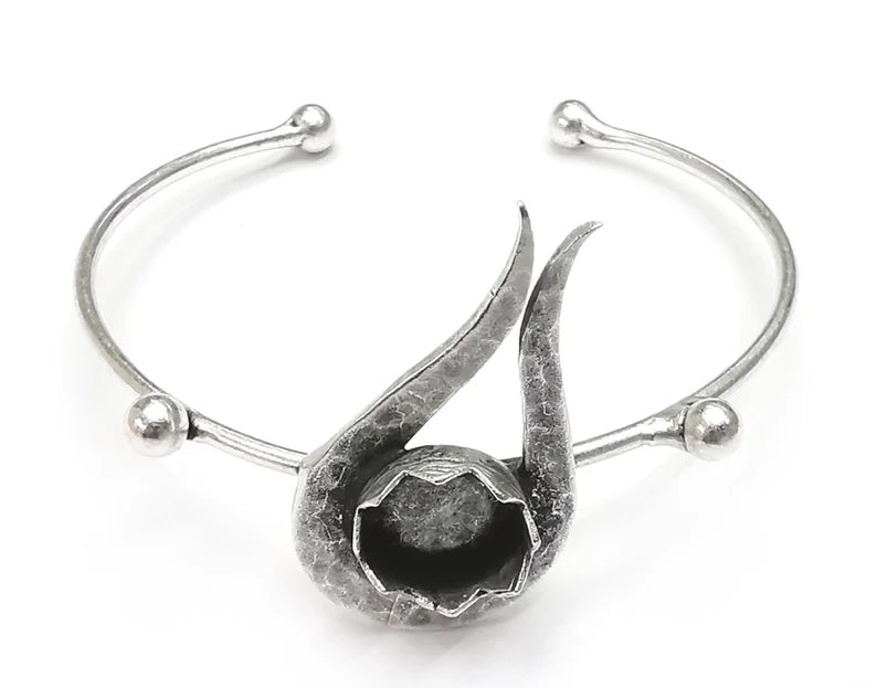 Tulip Flower Silver Bracelet Blank Resin Cuff Dry Bezel Cabochon Base Adjustable Antique Silver Plated Brass (12mm Blanks) G27109