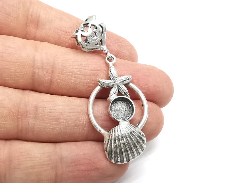 Starfish Scallop Sea Shell Pendant Base with Loop Setting Bezel Blank Antique Silver Plated Brass Pendant (56x22 mm)(8mm blank) G27111