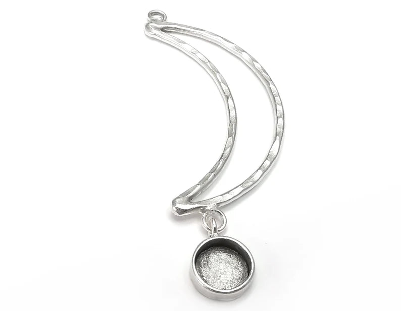 Crescent Moon Pendant Base Setting Bezel Blank Antique Silver Plated Brass Pendant (78mm)(10mm blank) G26798