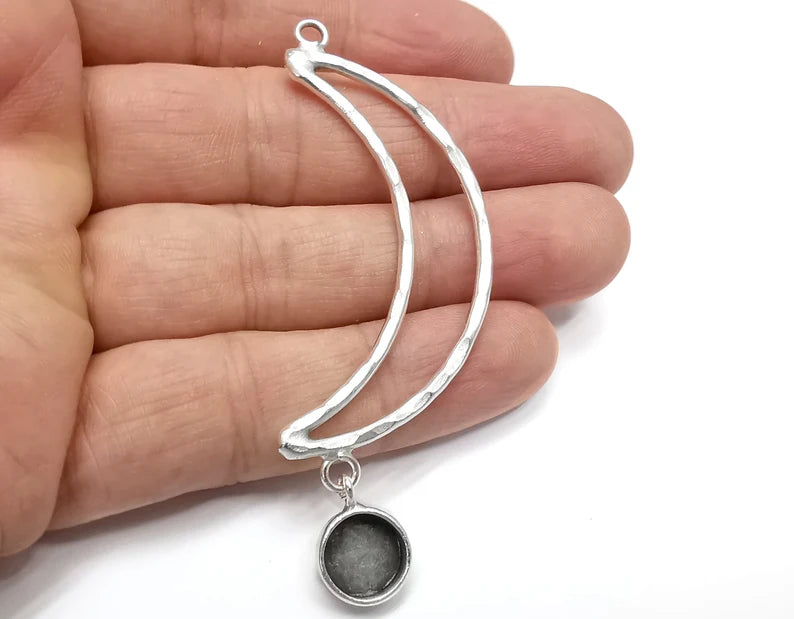 Crescent Moon Pendant Base Setting Bezel Blank Antique Silver Plated Brass Pendant (78mm)(10mm blank) G26798