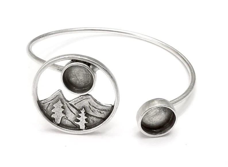 Mountain Landscape Pine Tree Round Bracelet Blank Resin Cuff Dry Bezel Cabochon Base Adjustable Antique Silver Plated Brass G26799