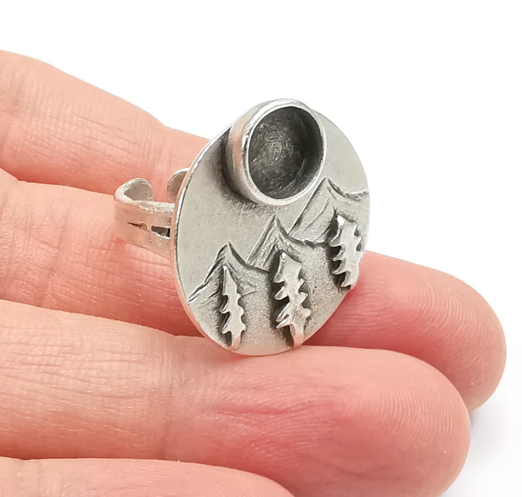 Pine Tree Mountain Blank Silver Ring Setting Cabochon Mounting Adjustable Ring Base Bezel Antique Silver Plated Brass (8mm blank) G26800