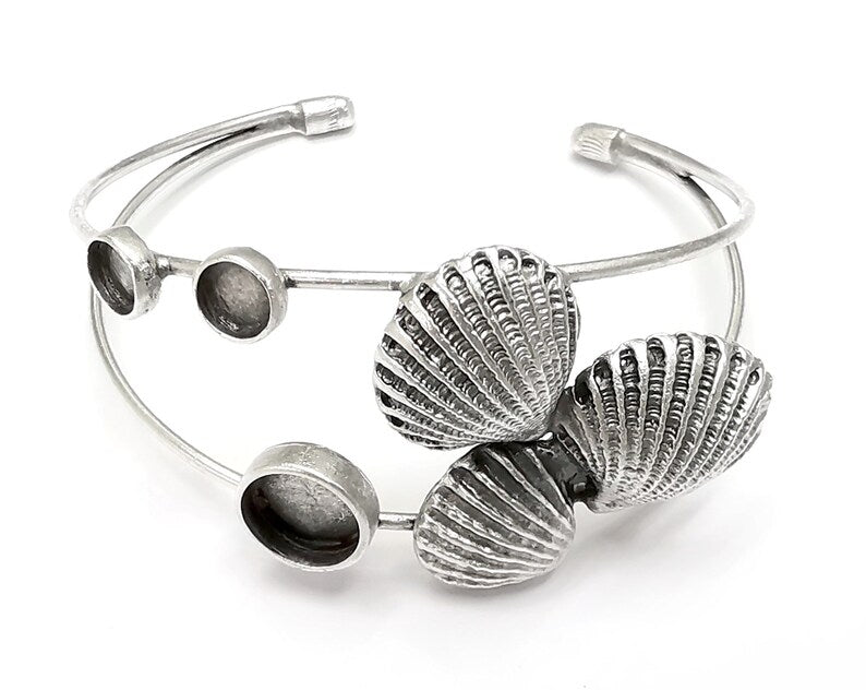 Sea Shell Scallop Silver Bracelet Brass Cuff Blank Bezel Glass Cabochon Base Adjustable Antique Silver Brass (6-10mm blanks ) G26802