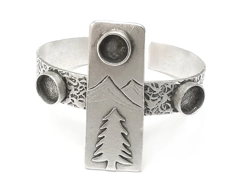 Mountain Landscape Pine Tree Round Blank Bracelet Resin Cuff Dry Bezel Cabochon Base Adjustable Antique Silver Plated Brass G26803