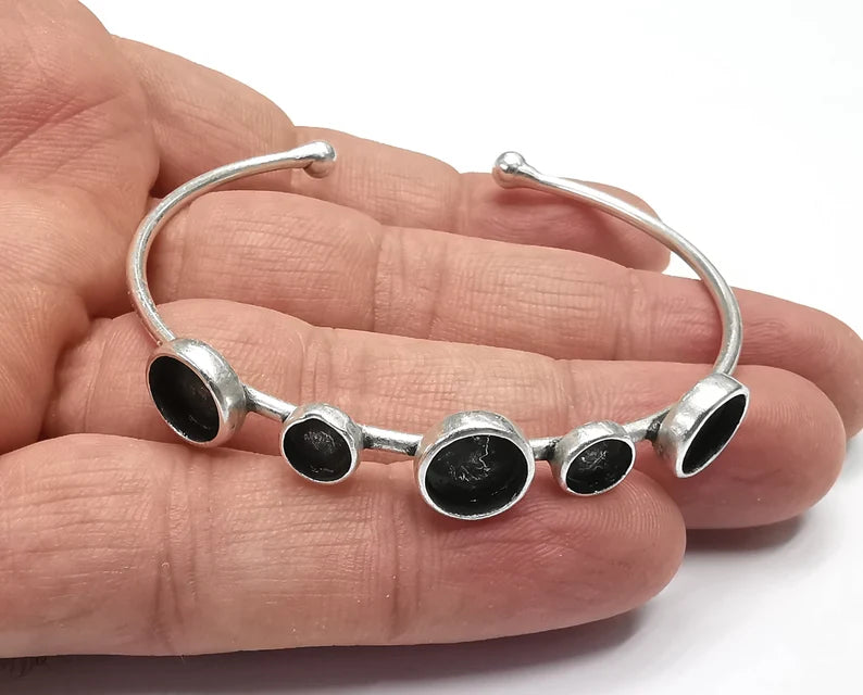 Silver Bracelet Blank Cuff Bezel Cabochon Base Resin Mountings Adjustable Antique Silver Plated Brass (8mm-6mm Blanks) G26804