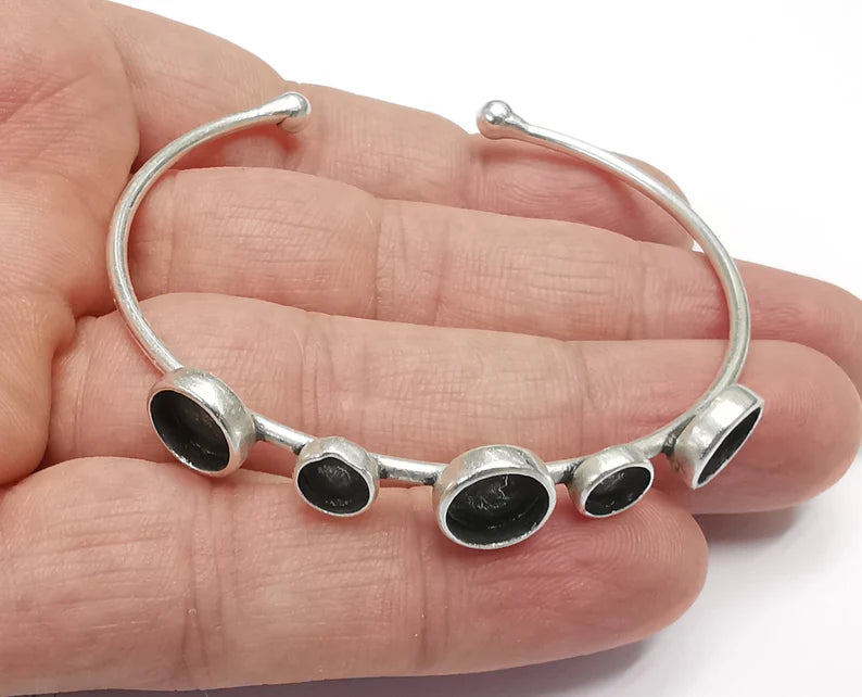 Silver Bracelet Blank Cuff Bezel Cabochon Base Resin Mountings Adjustable Antique Silver Plated Brass (8mm-6mm Blanks) G26804