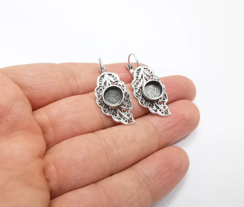 Leaf Earring Blank Base Settings Silver Resin Cabochon Inlay Blank Mountings Antique Silver Plated Brass (8mm blanks) 1 Set G26810