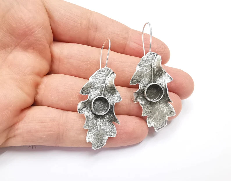 Leaf Earring Blank Base Settings Silver Resin Cabochon Inlay Blank Mountings Antique Silver Plated Brass (8mm blanks) 1 Set G26812