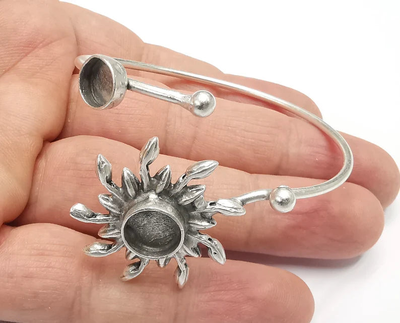 Sun Silver Bracelet Blank Resin Cuff Dry Bezel Cabochon Base Adjustable Antique Silver Plated Brass (10-8mm Blanks) G26813