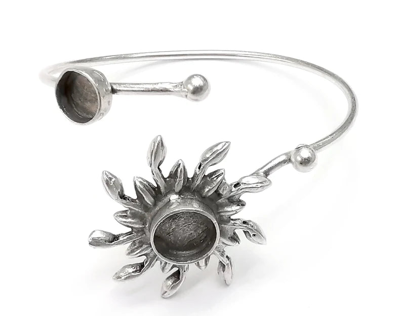 Sun Silver Bracelet Blank Resin Cuff Dry Bezel Cabochon Base Adjustable Antique Silver Plated Brass (10-8mm Blanks) G26813