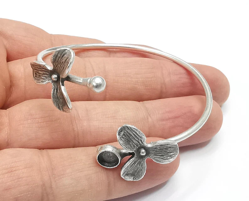 Flower Flowers Silver Bracelet Blank Resin Cuff Dry Bezel Cabochon Base Adjustable Antique Silver Plated Brass (6mm Blank) G26815