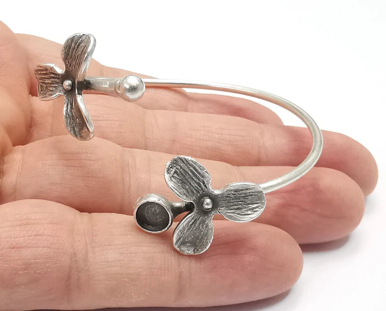 Flower Flowers Silver Bracelet Blank Resin Cuff Dry Bezel Cabochon Base Adjustable Antique Silver Plated Brass (6mm Blank) G26815