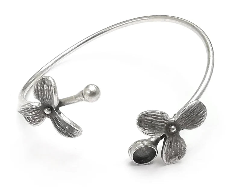 Flower Flowers Silver Bracelet Blank Resin Cuff Dry Bezel Cabochon Base Adjustable Antique Silver Plated Brass (6mm Blank) G26815