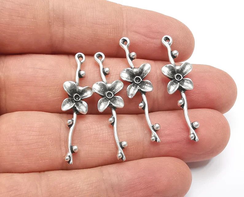 4 Flower Branch Charms Antique Silver Plated Charms (35x10mm) G26817