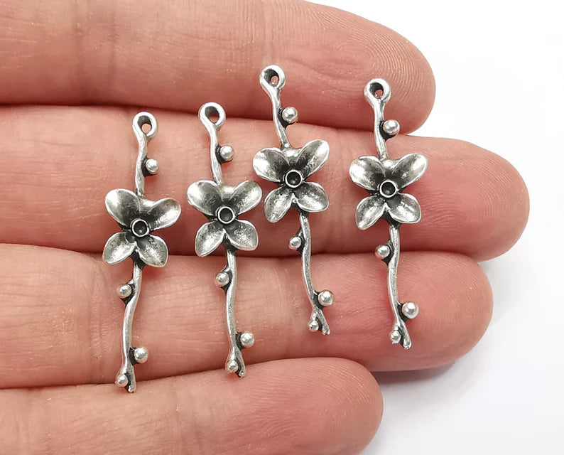 4 Flower Branch Charms Antique Silver Plated Charms (35x10mm) G26817