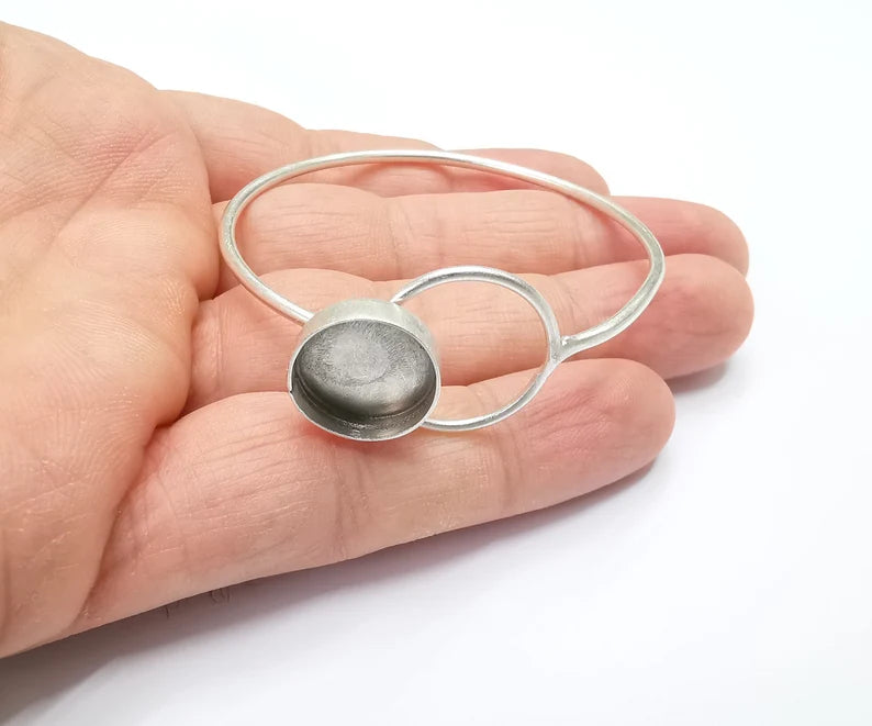 Circle Bracelet Blank Resin Cuff Dry Bezel Cabochon Base Adjustable Antique Silver Plated Brass (14mm Blank) G26818