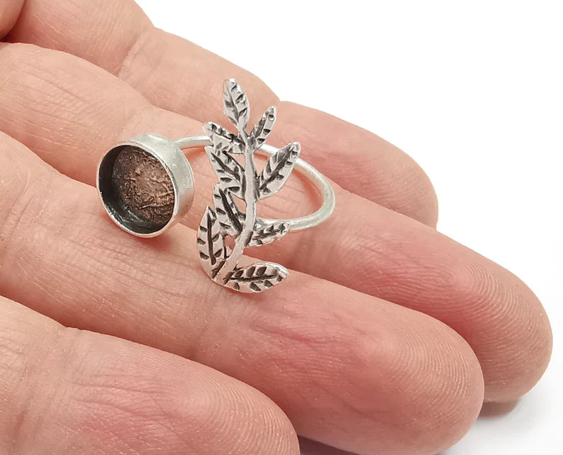 Leaf Plant Silver Ring Setting Blank Cabochon Mounting Adjustable Ring Base Bezel Antique Silver Plated Brass (10mm Blank) G26819