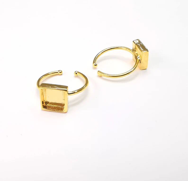 Shiny Gold Square Ring Bezels Ring Settings Resin Ring Backs Cabochon Mounting Gold Plated Brass Adjustable Ring Base (8mm blank) G27116