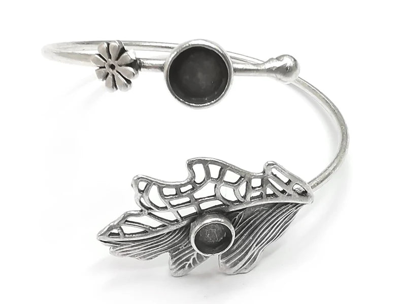 Leaf Flower Silver Bracelet Blank Resin Cuff Dry Bezel Cabochon Base Adjustable Antique Silver Plated Brass (8-6mm Blanks) G26830