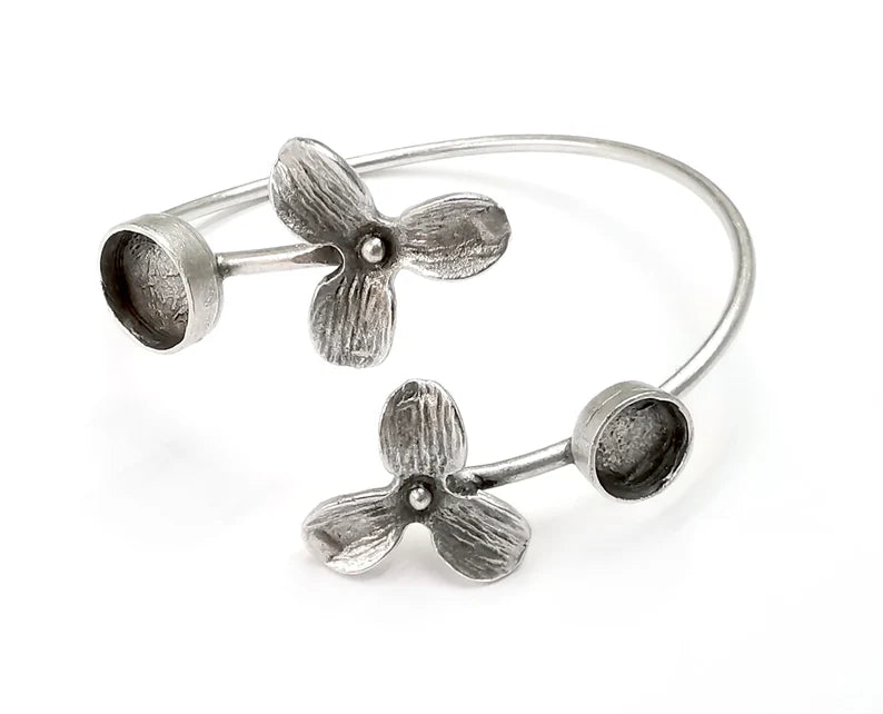 Flowers Silver Bracelet Blank Resin Cuff Dry Bezel Cabochon Base Adjustable Antique Silver Plated Brass (10-8mm Blanks) G26826