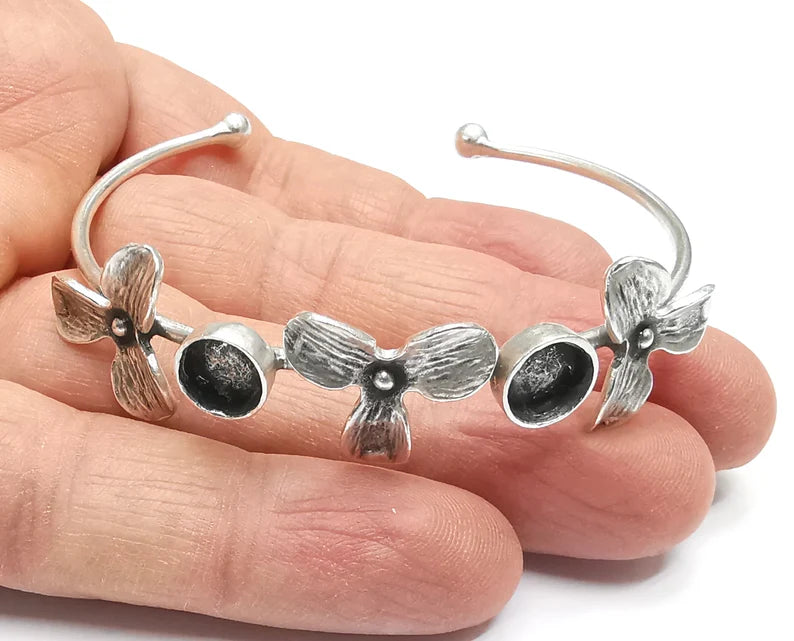 Flower Silver Bracelet Blank Resin Cuff Dry Bezel Cabochon Base Adjustable Antique Silver Plated Brass (8mm Blanks) G27118
