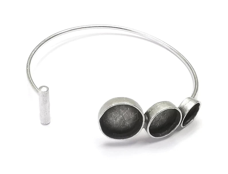 Round Rod Silver Bracelet Blank Resin Cuff Dry Bezel Cabochon Base Adjustable Antique Silver Plated Brass (12-10-8mm Blanks) G27119