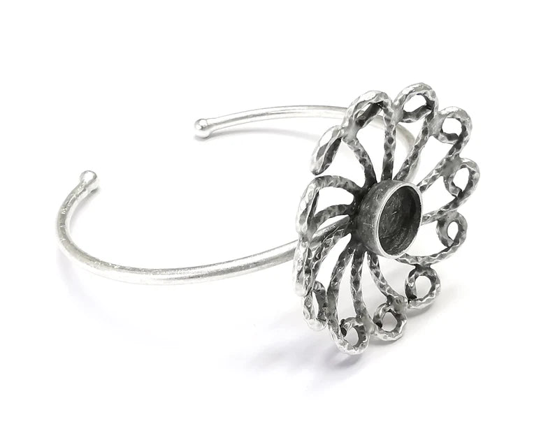 Flower Silver Bracelet Blank Resin Cuff Dry Bezel Cabochon Base Adjustable Antique Silver Plated Brass (10mm Blank) G27120