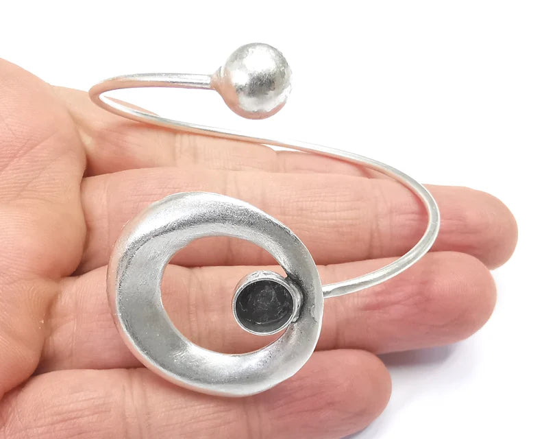 Circle Silver Bracelet Blank Resin Cuff Dry Bezel Cabochon Base Adjustable Antique Silver Plated Brass (8mm Blank) G27121