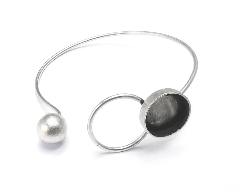 Circle Ball Bracelet Blank Resin Cuff Dry Bezel Cabochon Base Adjustable Antique Silver Plated Brass (14mm Blank) G27122