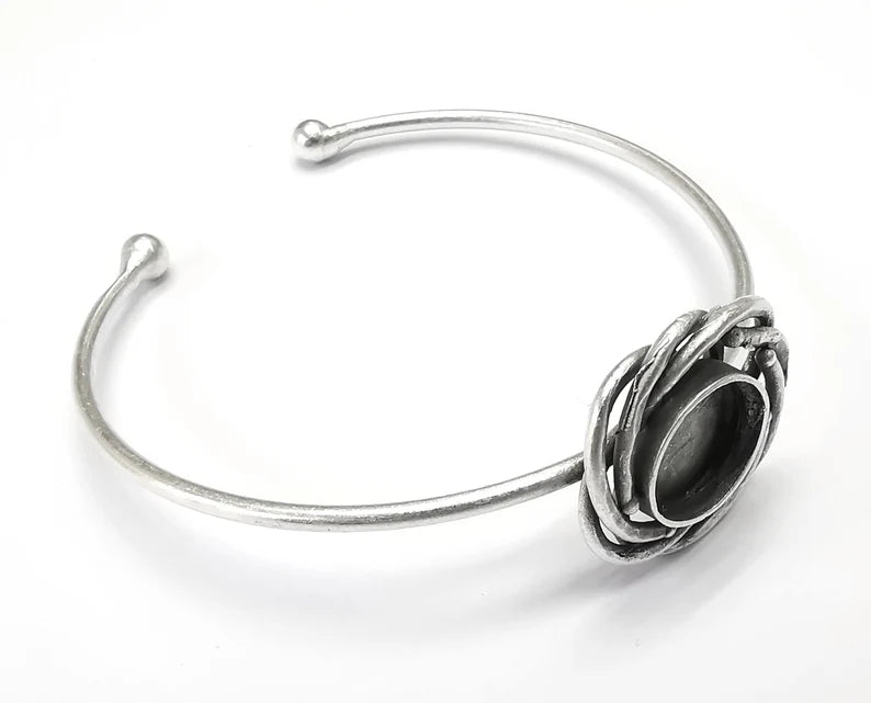 Silver Spirals Bracelet Blank Cuff Bezel Cabochon Base Resin Mountings Adjustable Antique Silver Plated Brass (12mm Blank ) G27124