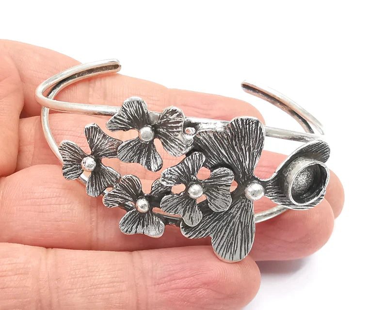 Flower Silver Bracelet Blank Resin Cuff Dry Bezel Cabochon Base Adjustable Antique Silver Plated Brass (8mm Blank) G27125