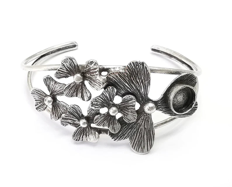 Flower Silver Bracelet Blank Resin Cuff Dry Bezel Cabochon Base Adjustable Antique Silver Plated Brass (8mm Blank) G27125