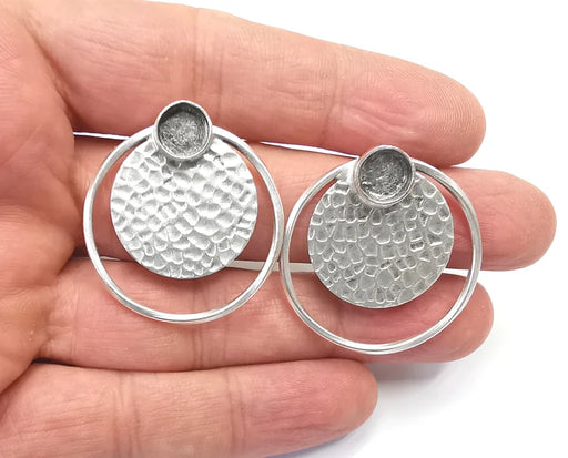 Disc Hammered Hoop Silver Earring Set Base Wire Antique Silver Plated Brass Earring Base (35x34mm) G27126