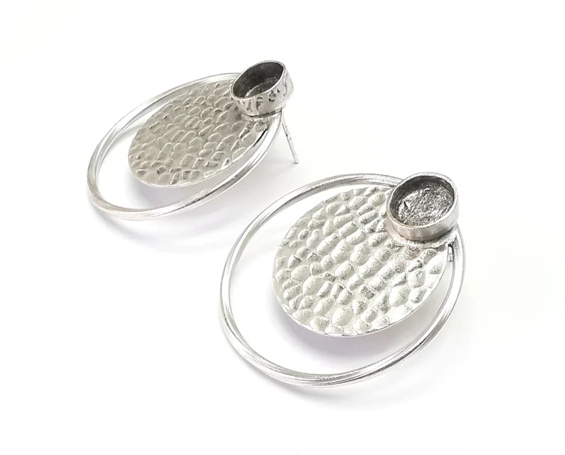Disc Hammered Hoop Silver Earring Set Base Wire Antique Silver Plated Brass Earring Base (35x34mm) G27126