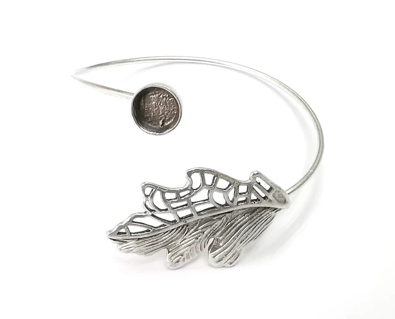 Leaf Silver Bracelet Blank Resin Cuff Dry Bezel Cabochon Base Adjustable Antique Silver Plated Brass (8mm Blank) G26837