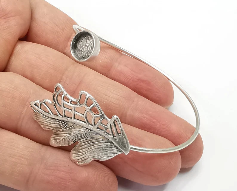 Leaf Silver Bracelet Blank Resin Cuff Dry Bezel Cabochon Base Adjustable Antique Silver Plated Brass (8mm Blank) G26837