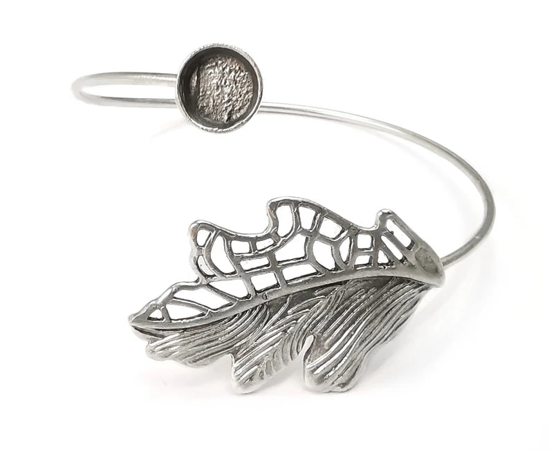 Leaf Silver Bracelet Blank Resin Cuff Dry Bezel Cabochon Base Adjustable Antique Silver Plated Brass (8mm Blank) G26837