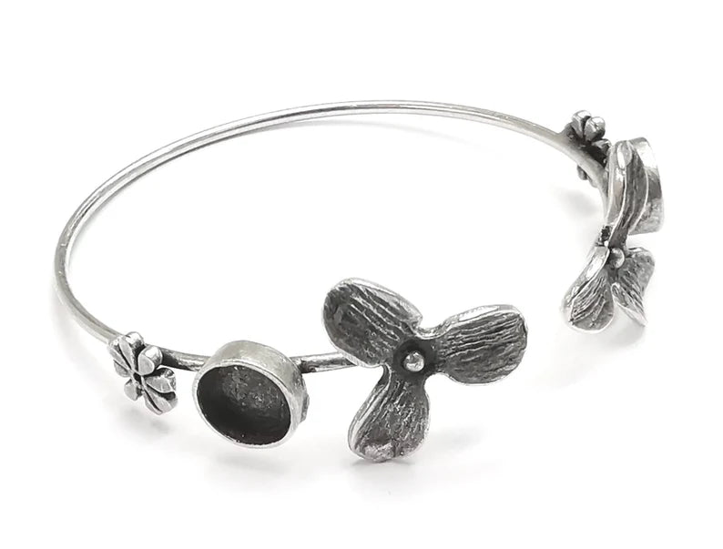 Flower Flowers Silver Bracelet Blank Resin Cuff Dry Bezel Cabochon Base Adjustable Antique Silver Plated Brass (8mm Blanks) G26838