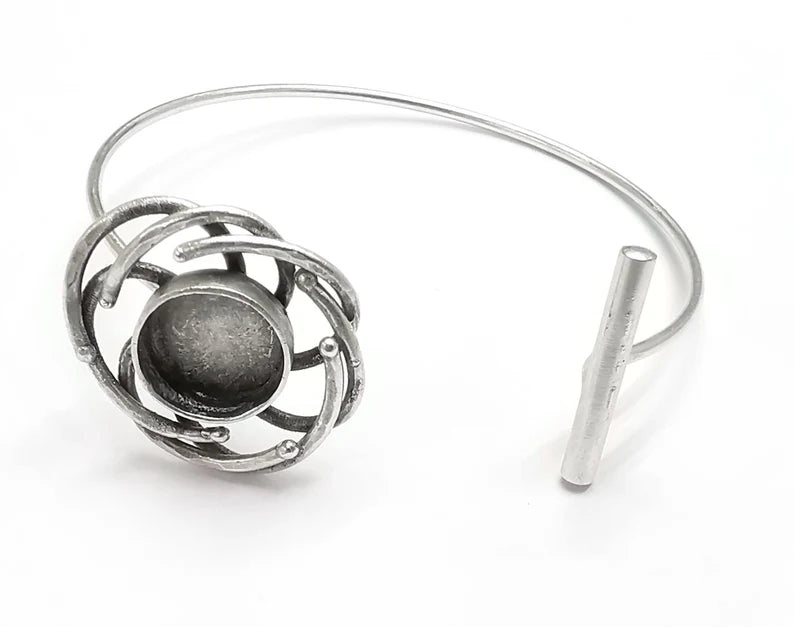 Spirals Rod Silver Bracelet Blank Resin Cuff Dry Bezel Cabochon Base Adjustable Antique Silver Plated Brass (12mm Blank) G26840