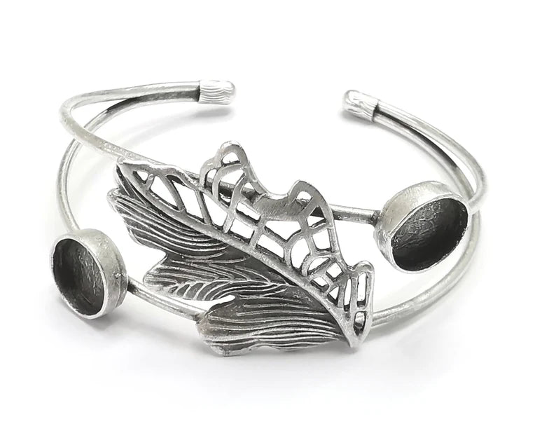 Leaf Silver Bracelet Blank Resin Cuff Dry Bezel Cabochon Base Adjustable Antique Silver Plated Brass (10mm Blanks) G26842