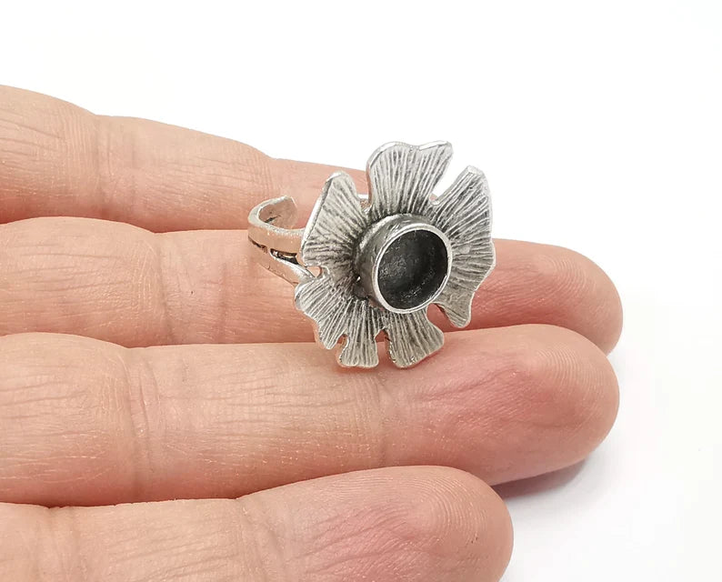 Flower Silver Ring Blank Base Bezel Settings Cabochon Base Mountings Adjustable , Antique Silver Plated Brass (8mm blank) G26844