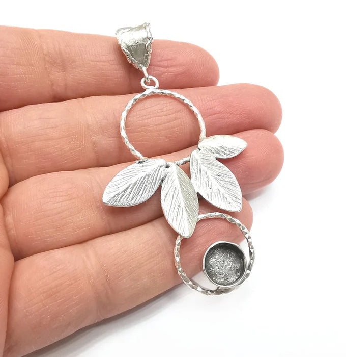 Circles Dangle Leafs Pendant Blank Resin Bezel Mosaic Mountings Cabochon Setting Antique Silver Plated Brass ( 10mm Blank ) G27128