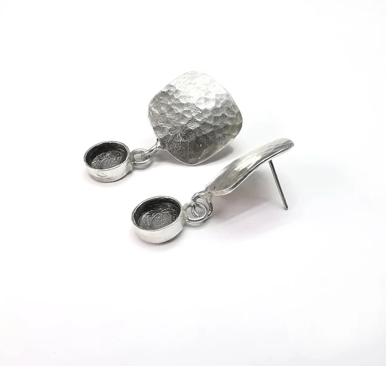 Hammered Square Silver Dangle Earring Set Base Wire Antique Silver Plated Brass Earring Base (34x18mm)( 8 mm blanks) G27129