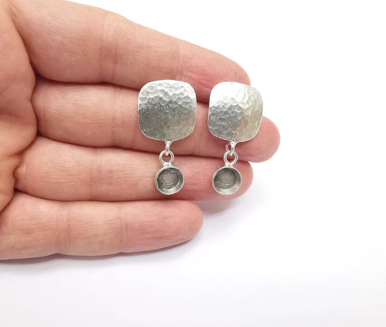 Hammered Square Silver Dangle Earring Set Base Wire Antique Silver Plated Brass Earring Base (34x18mm)( 8 mm blanks) G27129